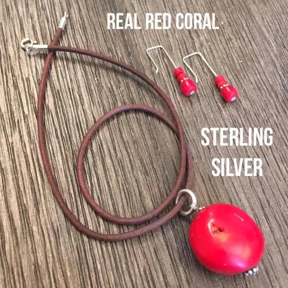 Red Coral Cord Necklace & Sterling Earrings